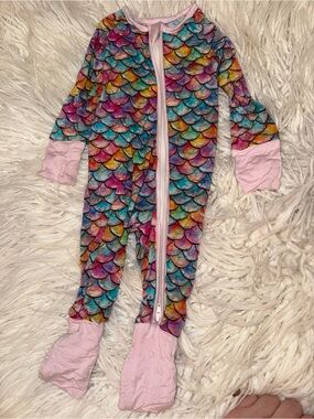 Kids Rainbow Mermaid Scale Footed One-Piece Pajamas - Pink Trim